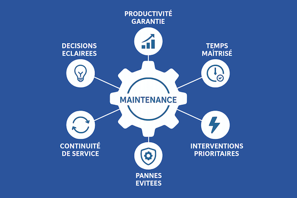 Infographie avantages maintenance informatique : productivité, pannes évitées et continuité de service